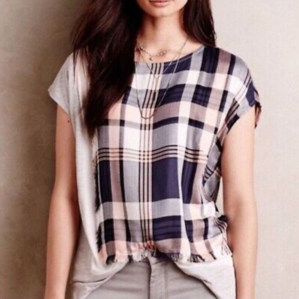 Anthropologie Postmark Hammond Plaid Frayed Tee